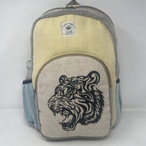 Large All Natural Pure Hemp Multi Pockets Laptop Backpack - Tiger Design